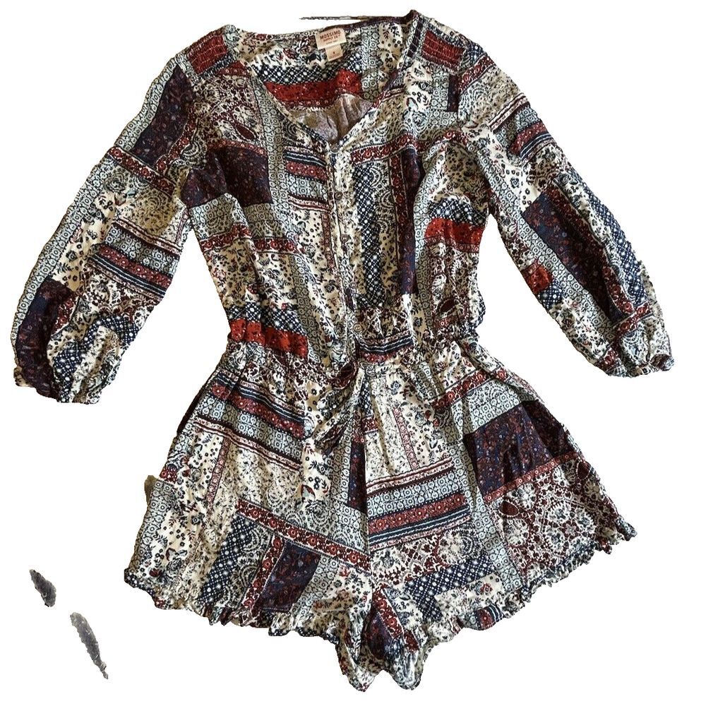 Mossimo‎ Supply Co Red White Blue Patchwork Floral Striped Boho Romper Size S